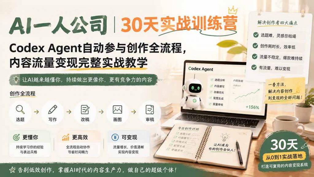 AI一人公司｜30天实战训练营；Codex Agent自动参与创作全流程，内容流量变现完整实战教学-孔明聊项目