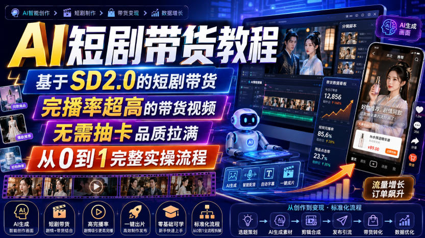 AI短剧带货教程，基于SD2.0的短剧带货，完播率超高的带货视频，无需抽卡品质拉满，从0到1完整实操流程-孔明聊项目