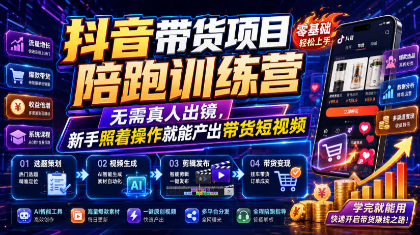 抖音带货项目陪跑训练营，无需真人出镜，新手照着操作就能产出带货短视频(更新0811)-孔明聊项目