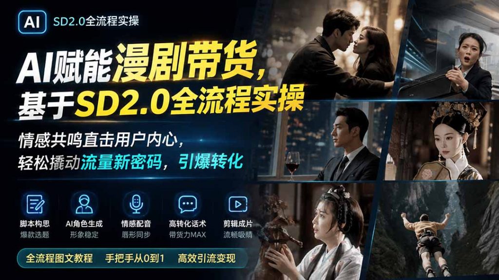 AI赋能漫剧带货，基于SD2.0全流程实操；情感共鸣直击用户内心，轻松撬动流量新密码，引爆转化-孔明聊项目