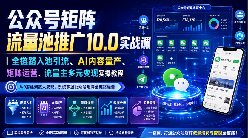 公众号矩阵流量池推广10.0实战课｜全链路入池引流、AI内容量产、矩阵运营、流量主多元变现实操教程-孔明聊项目