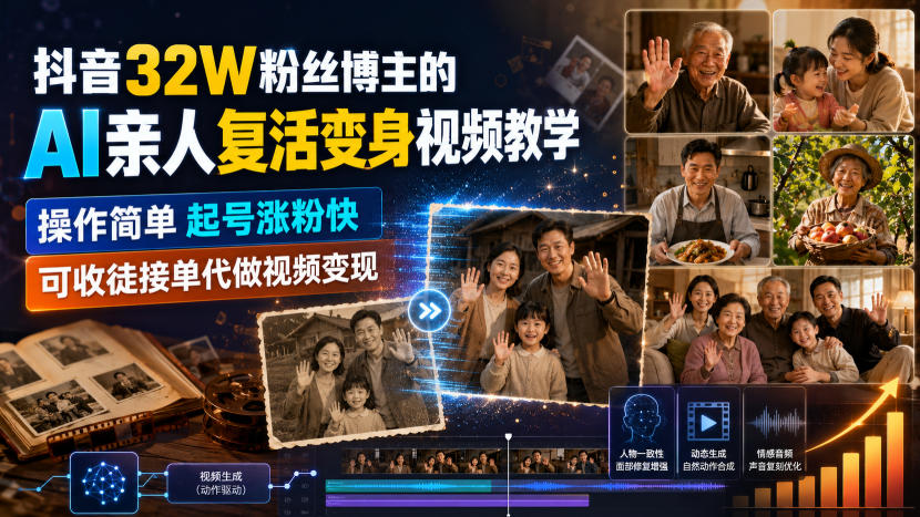 抖音32W粉丝博主的AI亲人复活变身视频教学，操作简单，起号涨粉快，可收徒接单代做视频变现-孔明聊项目