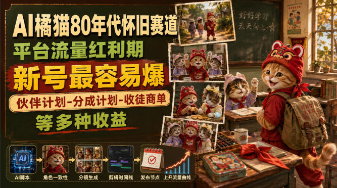 AI橘猫80年代怀旧赛道，平台流量红利期，新号最容易爆，伙伴计划-分成计划-收徒商单等多种收益-孔明聊项目
