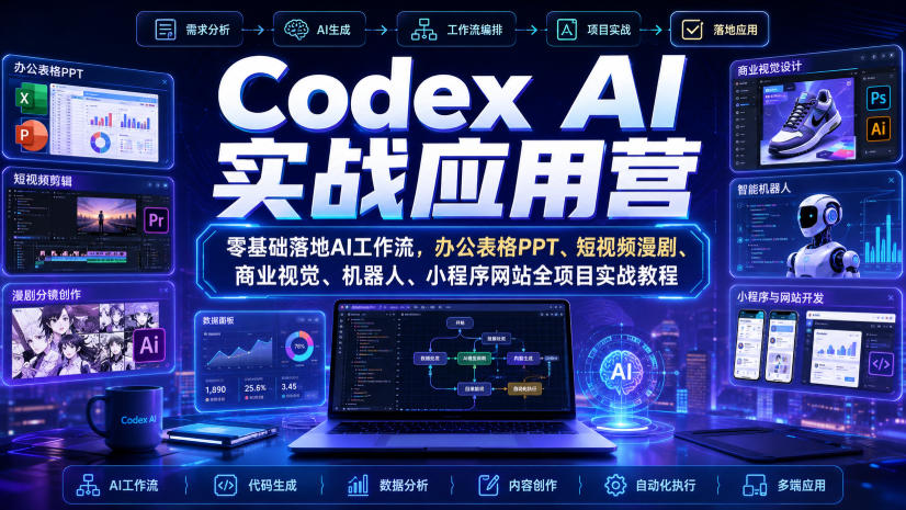 Codex AI实战应用营｜零基础落地AI工作流，办公表格PPT、短视频漫剧、商业视觉、机器人、小程序网站全项目实战教程-孔明聊项目