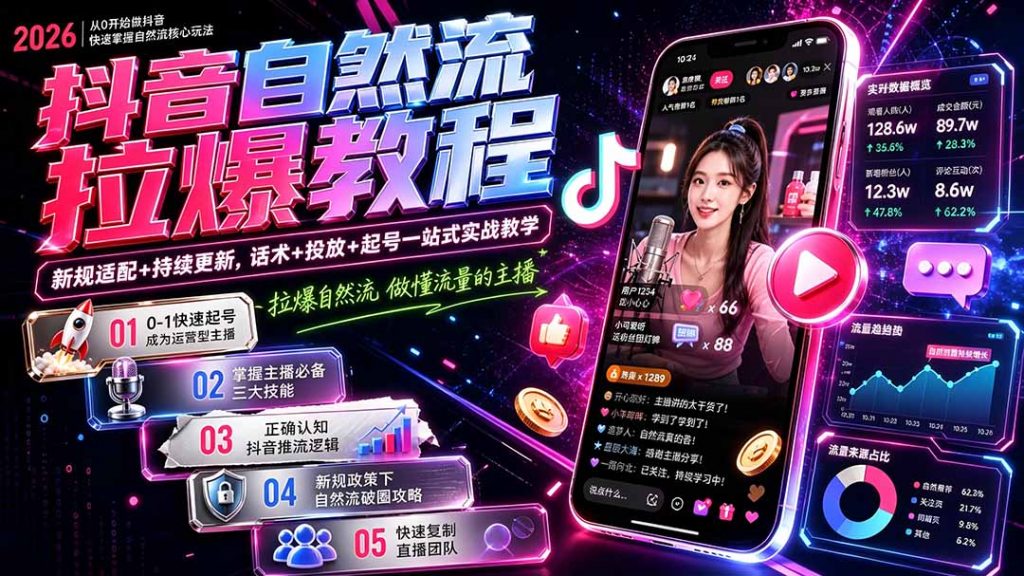 抖音自然流拉爆教程-更新8月：做懂流量的主播，新规适配+持续更新，话术+投放+起号一站式实战教学-孔明聊项目