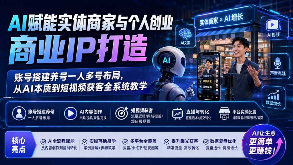 AI赋能实体商家与个人创业商业IP打造；账号搭建养号一人多号布局，从AI本质到短视频获客全系统教学-孔明聊项目