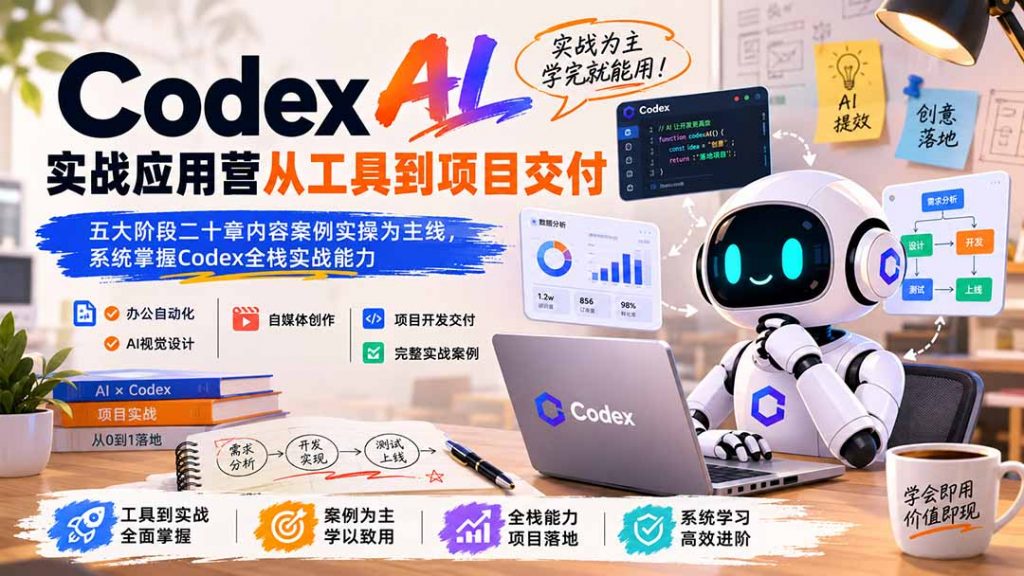 Codex AI实战应用营从工具到项目交付；五大阶段二十章内容案例实操为主线，系统掌握Codex全栈实战能力-孔明聊项目