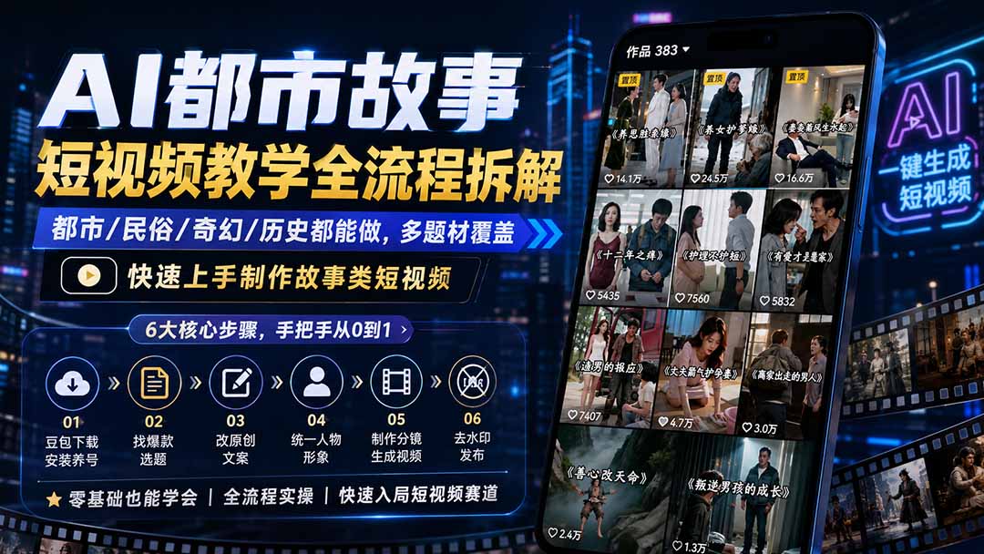 AI都市故事短视频教学全流程拆解；都市/民俗/奇幻/历史都能做多题材覆盖，快速上手制作故事类短视频-孔明聊项目