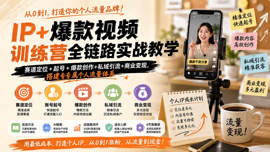 IP+爆款视频训练营全链路实战教学；赛道定位+起号+爆款创作+私域引流+商业变现，搭建专属个人流量体系-孔明聊项目