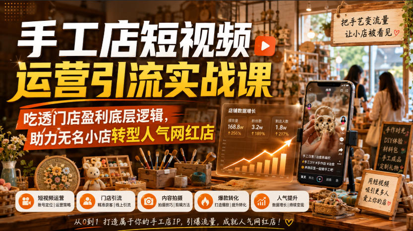 手工店短视频运营引流实战课，吃透门店盈利底层逻辑，助力无名小店转型人气网红店-孔明聊项目