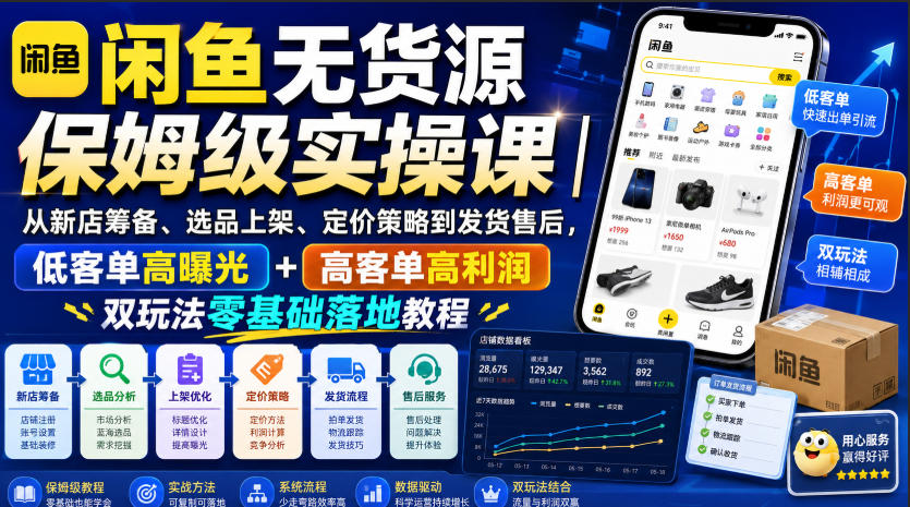 闲鱼无货源保姆级实操课｜从新店筹备、选品上架、定价策略到发货售后，低客单高曝光+高客单高利润双玩法零基础落地教程-孔明聊项目
