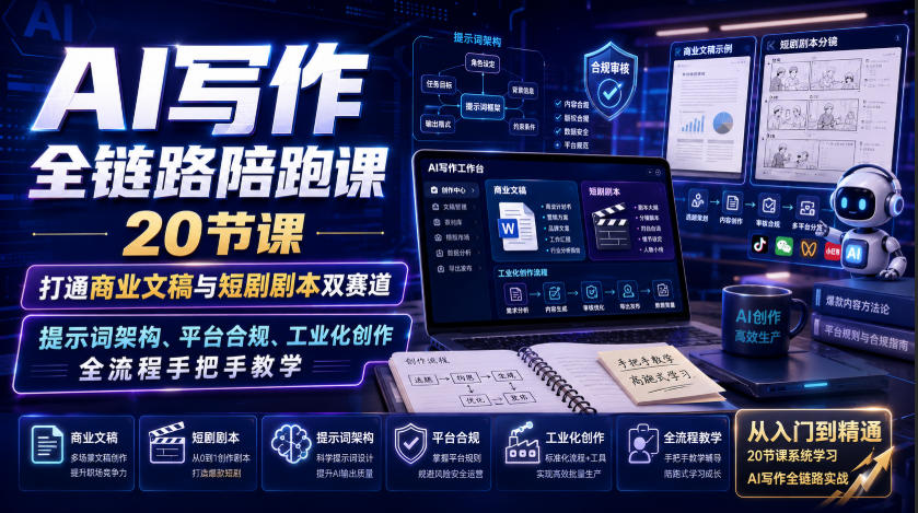 AI写作全链路陪跑课｜20节课打通商业文稿与短剧剧本双赛道，提示词架构、平台合规、工业化创作全流程手把手教学-孔明聊项目