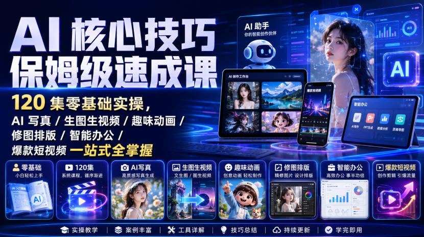 AI核心技巧保姆级速成课｜120集零基础实操，AI写真/生图生视频/趣味动画/修图排版/智能办公/爆款短视频一站式全掌握-孔明聊项目
