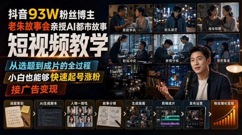 抖音93W粉丝博主老朱故事会亲授AI都市故事短视频教学，从选题到成片的全过程，小白也能够快速起号涨粉接广告变现-孔明聊项目