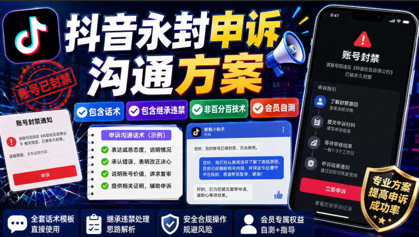 抖音永封申诉沟通方案，包含话术，包含继承违禁，非百分百技术，会员自测-孔明聊项目