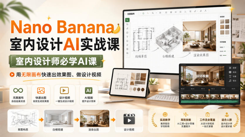 Nano Banana室内设计AI实战课，室内设计师必学AI课，用无限画布快速出效果图、做设计视频-孔明聊项目