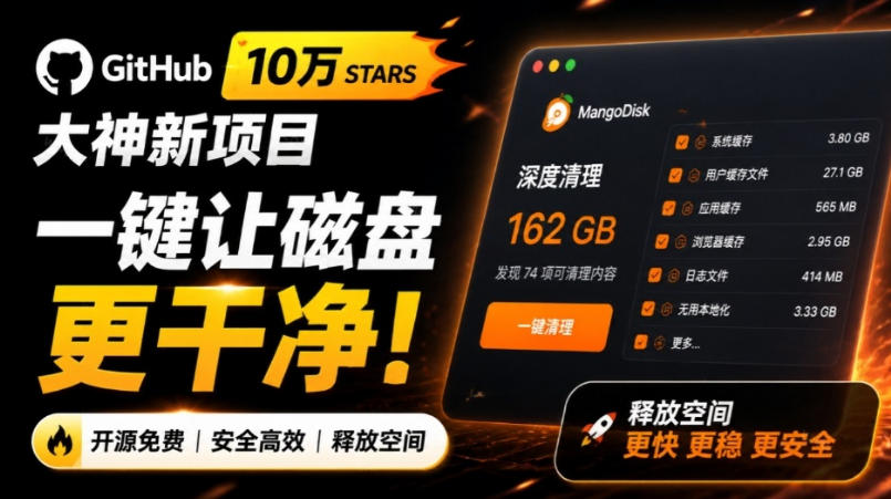 在Gtihub上做出10万stars的大神，又发布新项目了！一键让磁盘更干净，开源免费清理工具MangoDisk-孔明聊项目