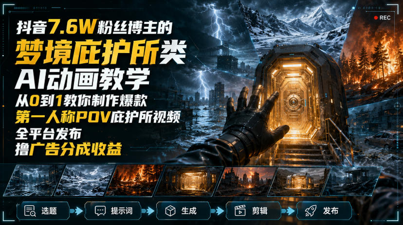 抖音7.6W粉丝博主的梦境庇护所类AI动画教学，从0到1教你制作爆款第一人称POV庇护所视频，全平台发布撸广告分成收益-孔明聊项目