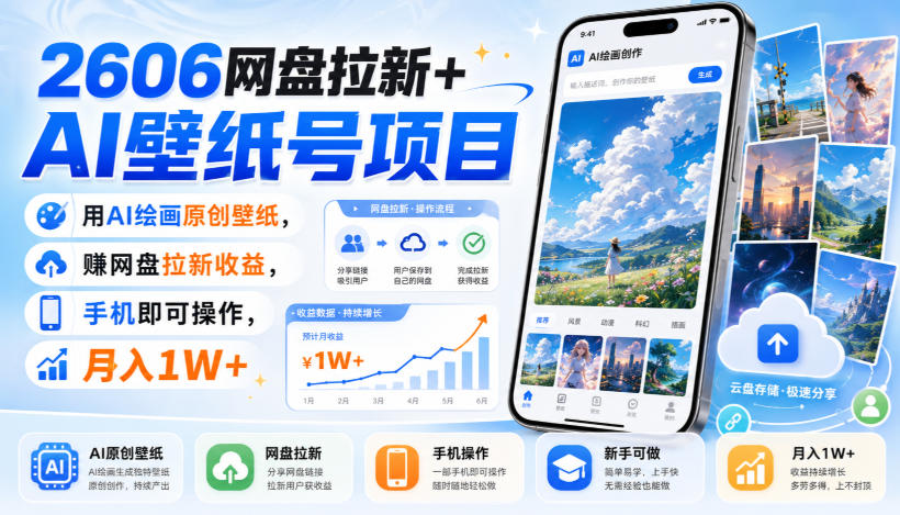 2606网盘拉新+AI壁纸号项目，用AI绘画原创壁纸，賺网盘拉新收益，手机即可操作，月入1W+-孔明聊项目