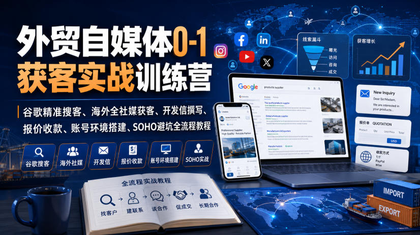 外贸自媒体0-1获客实战训练营｜谷歌精准搜客、海外全社媒获客、开发信撰写、报价收款、账号环境搭建、SOHO避坑全流程教程(更新)-孔明聊项目
