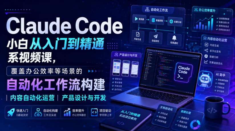 Claude Code小白从入门到精通系视频课，覆盖办公效率等场景的自动化工作流构建|内容自动化运营|产品设计与开发-孔明聊项目