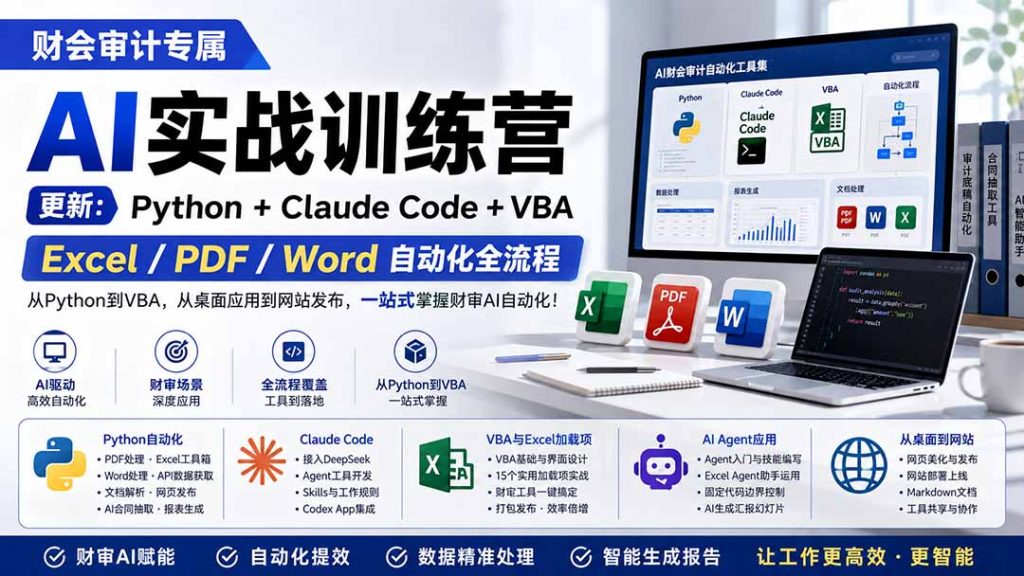财会审计专属 AI实战训练营：Python+Claude Code+VBA，Excel/PDF/Word自动化全流程 (更新-孔明聊项目