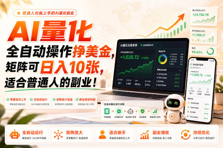 AI量化全自动操作挣美金，矩阵可日入10张，适合普通人的副业！【揭秘】-孔明聊项目