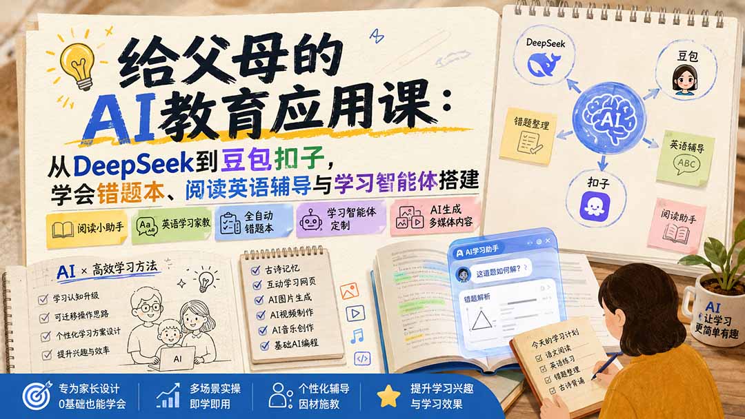 给父母的AI教育应用课：从DeepSeek到豆包扣子，学会错题本、阅读英语辅导与学习智能体搭建-孔明聊项目