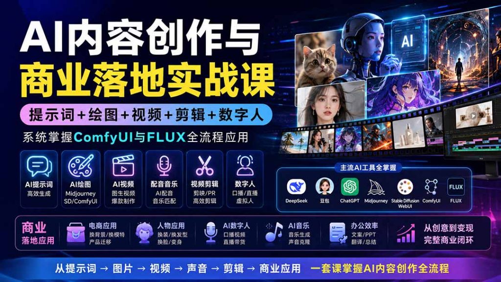 AI内容创作与商业落地实战课:提示词+绘图+视频+剪辑+数字人,系统掌握ComfyUI与FLUX全流程应用-孔明聊项目