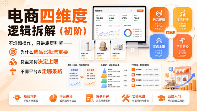 电商四维度逻辑拆解(初阶)不堆砌操作，只讲底层判断——为什么选品比投流重要、货盘如何决定上限、不同平台该走哪条路-孔明聊项目