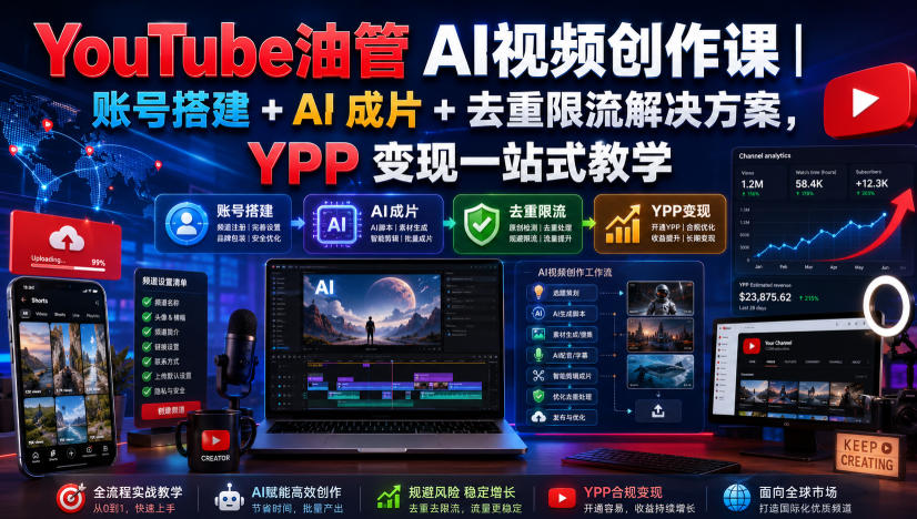 YouTube油管AI视频创作课｜账号搭建+AI成片+去重限流解决方案，YPP变现一站式教学(更新0817)-孔明聊项目