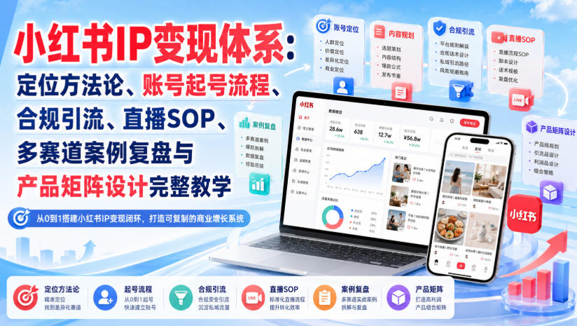 小红书IP变现体系：定位方法论、账号起号流程、合规引流、直播SOP、多赛道案例复盘与产品矩阵设计完整教学-孔明聊项目