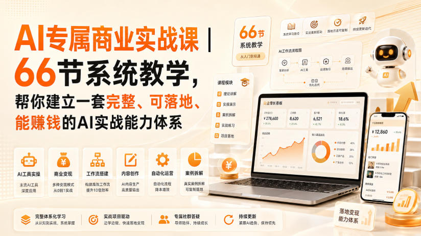 AI专属商业实战课｜66节系统教学，帮你建立一套完整、可落地、能賺钱的AI实战能力体系-孔明聊项目