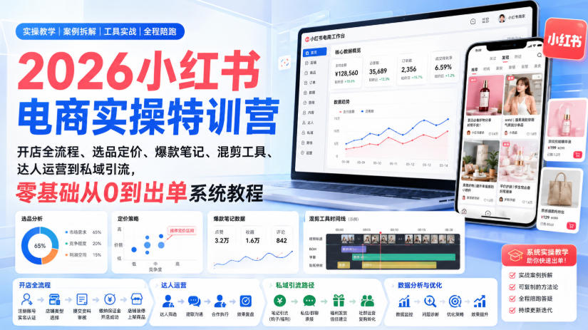 2026小红书电商实操特训营｜开店全流程、选品定价、爆款笔记、混剪工具、达人运营到私域引流，零基础从0到出单系统教程-孔明聊项目
