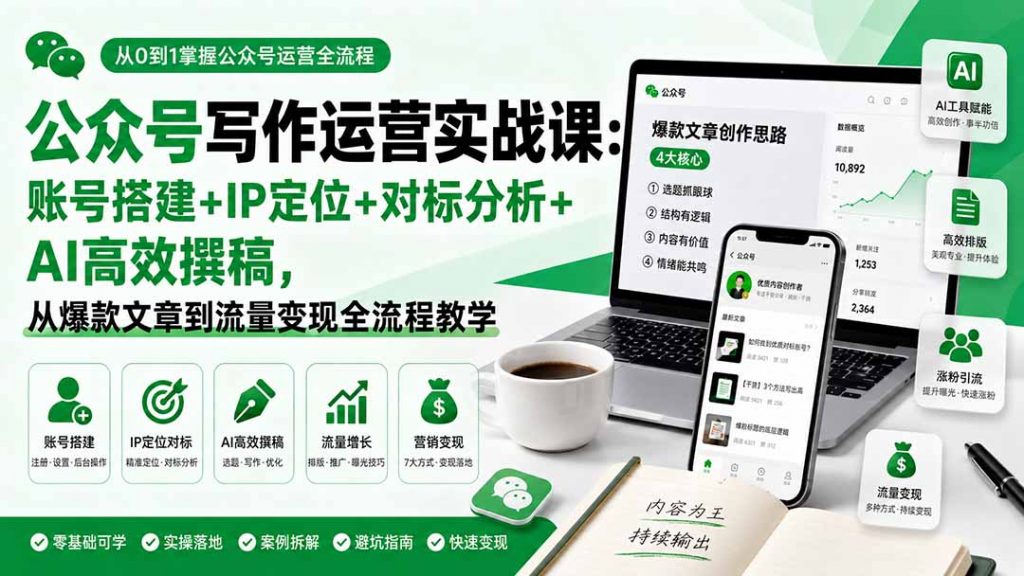 公众号写作运营实战课：账号搭建+IP定位+对标分析+AI高效撰稿，从爆款文章到流量变现全流程教学-孔明聊项目