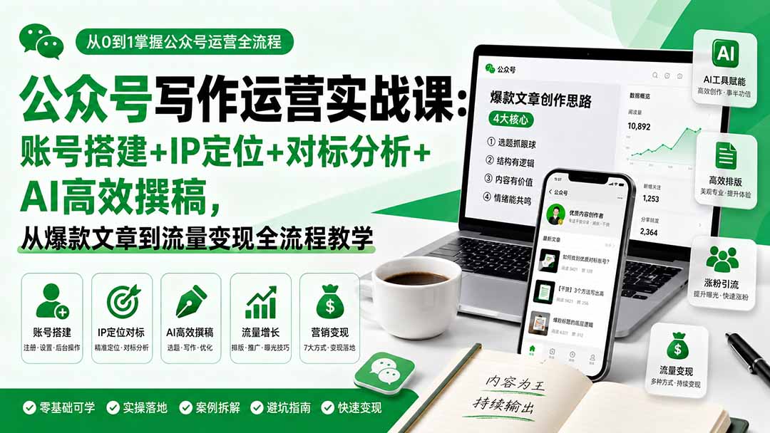 公众号写作运营实战课：账号搭建+IP定位+对标分析+AI高效撰稿，从爆款文章到流量变现全流程教学-孔明聊项目
