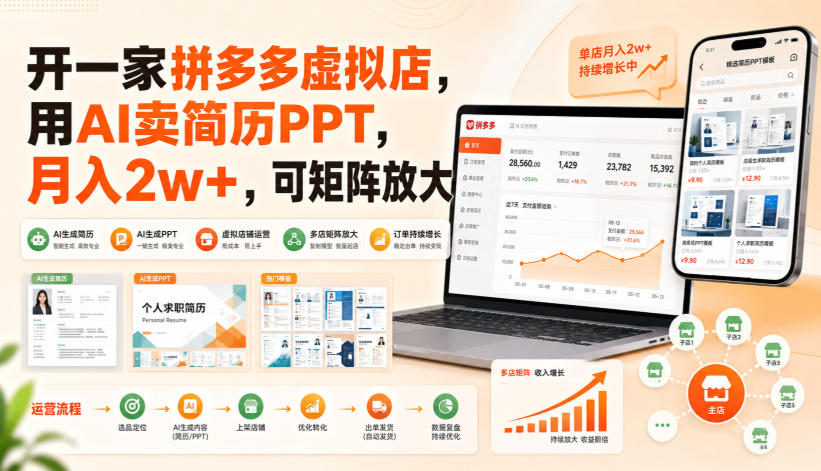 开一家拼多多虚拟店，用AI卖简历PPT，月入2w+，可矩阵放大【揭秘】-孔明聊项目
