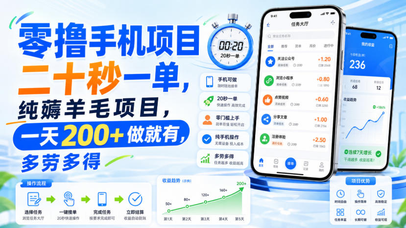 零撸手机项目，二十秒一单，纯薅羊毛项目，一天200+做就有，多劳多得【揭秘】-孔明聊项目
