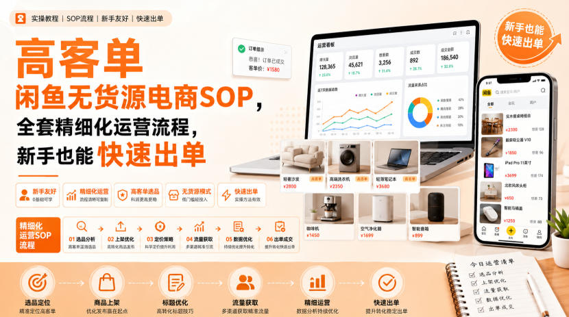 高客单闲鱼无货源电商SOP，全套精细化运营流程，新手也能快速出单-孔明聊项目