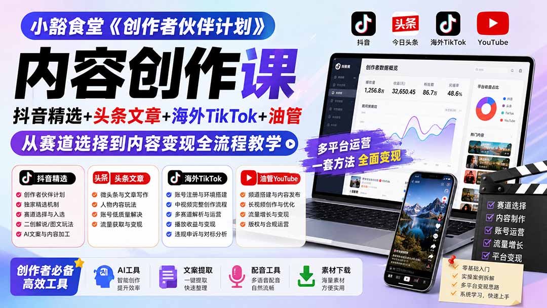 小豁食堂《创作者伙伴计划》内容创作课：抖音精选+头条文章+海外TikTok+油管，从赛道选择到内容变现全流程教学-孔明聊项目