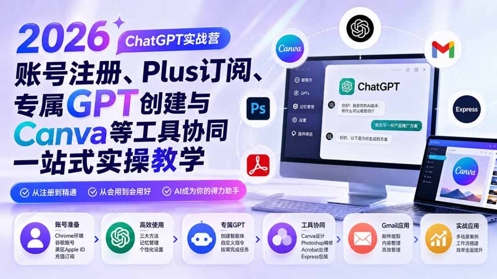 2026 ChatGPT实战营；账号注册、Plus订阅、专属GPT创建与Canva等工具协同一站式实操教学-孔明聊项目