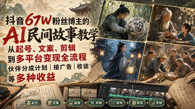 抖音67W粉丝博主的AI民间故事教学，从起号、文案、剪辑到多平台变现全流程，伙伴分成计划接广告等多种收益，月入1W+-孔明聊项目