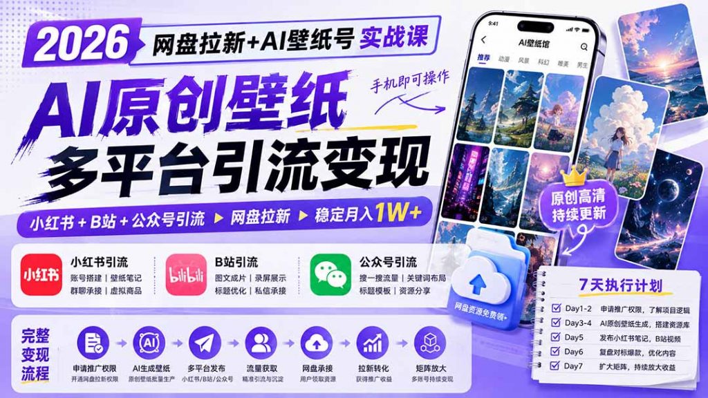 2026网盘拉新+AI壁纸号实战课：AI原创壁纸+小红书+B站+公众号引流，手机即可操作，月入1W+-孔明聊项目