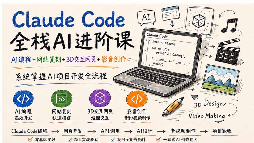 Claude Code全栈AI进阶课；AI编程+网站复刻+3D交互网页+影音创作，系统掌握AI项目开发全流程-孔明聊项目