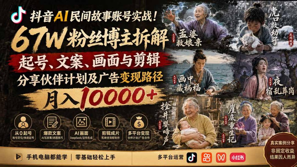 抖音AI民间故事账号实战！67W粉丝博主拆解起号、文案、画面与剪辑，分享伙伴计划及广告变现路径，月入10000+-孔明聊项目