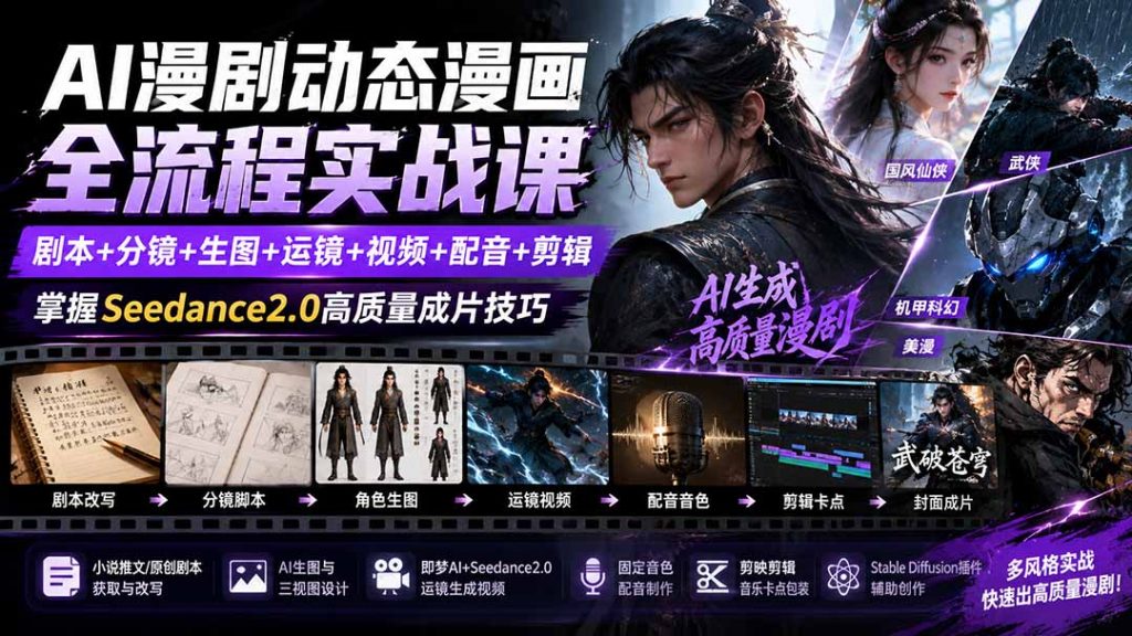 AI漫剧动态漫画全流程实战课：剧本+分镜+生图+运镜+视频+配音+剪辑，掌握Seedance2.0高质量成片技巧-孔明聊项目