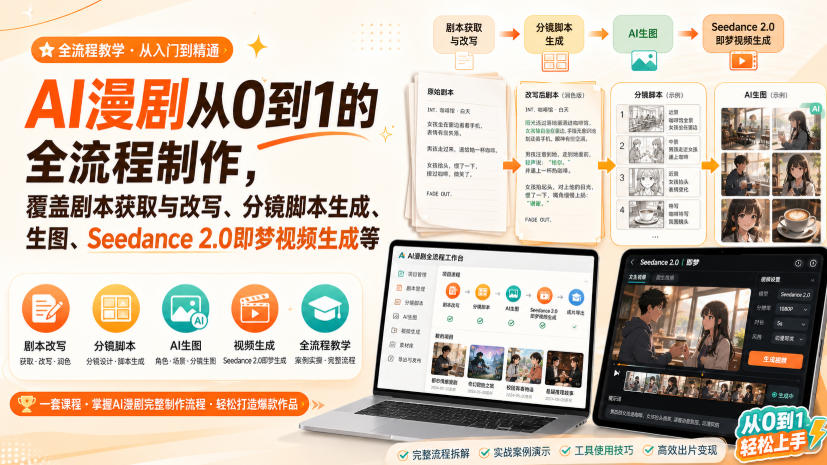 AI漫剧从0到1的全流程制作，覆盖剧本获取与改写、分镜脚本生成、角色场景生图与三视图、Seedance 2.0即梦视频生成(PDF版)-孔明聊项目