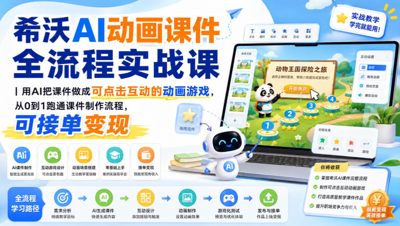 希沃AI动画课件全流程实战课｜用AI把课件做成可点击互动的动画游戏，从0到1跑通课件制作流程，可接单变现-孔明聊项目