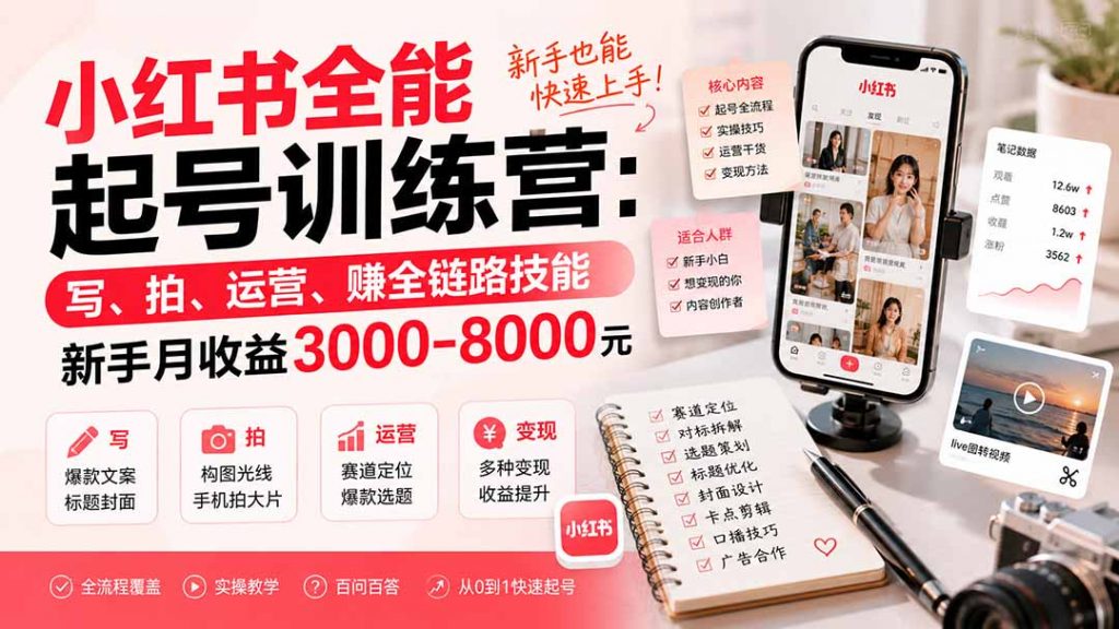 小红书全能起号训练营-更新：写、拍、运营、赚全链路技能，新手月收益3000-8000元-孔明聊项目
