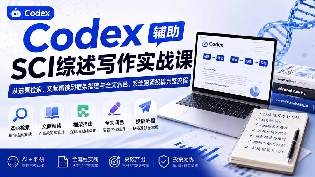 Codex辅助SCI综述写作实战课——从选题检索、文献精读到框架搭建与全文润色，系统跑通投稿完整流程-孔明聊项目
